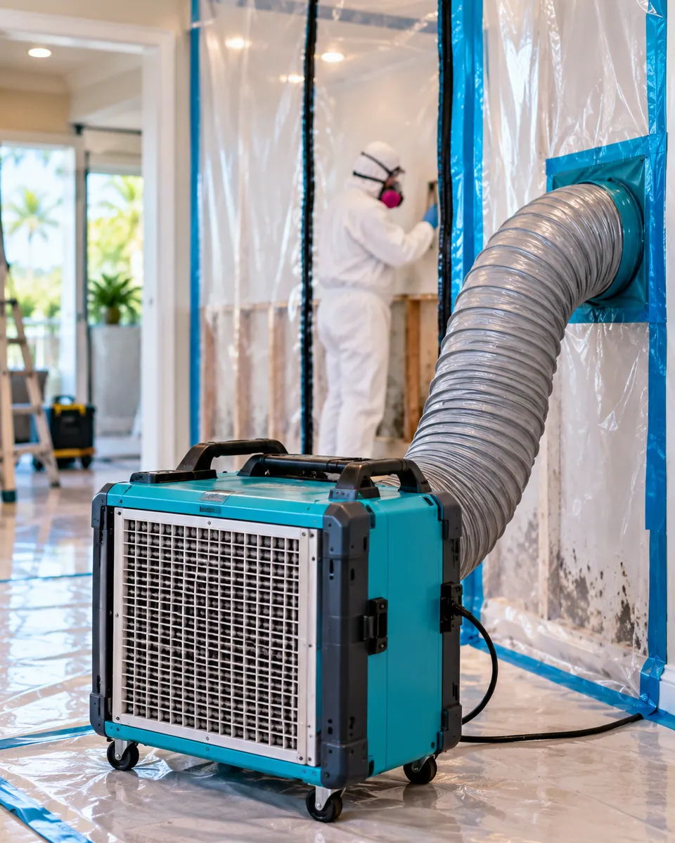 HEPA air scrubber and poly containment set up for mold remediation in South Bay