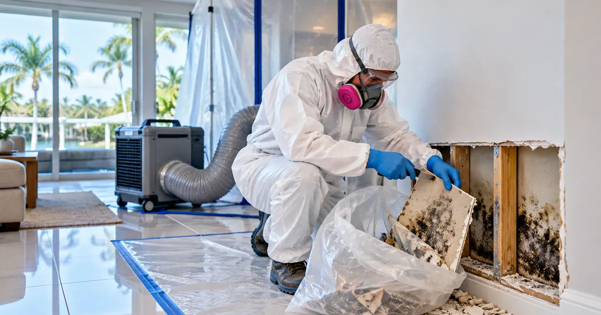 Slab-Smart Mold Removal in South Bay, FL — technician removing mold under containment